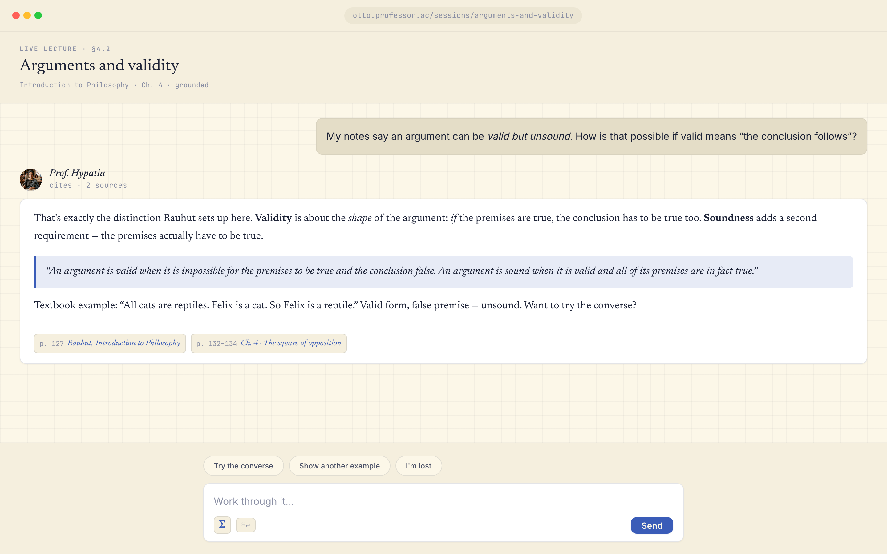 Chat answer showing a citation callout pointing to a specific textbook page.