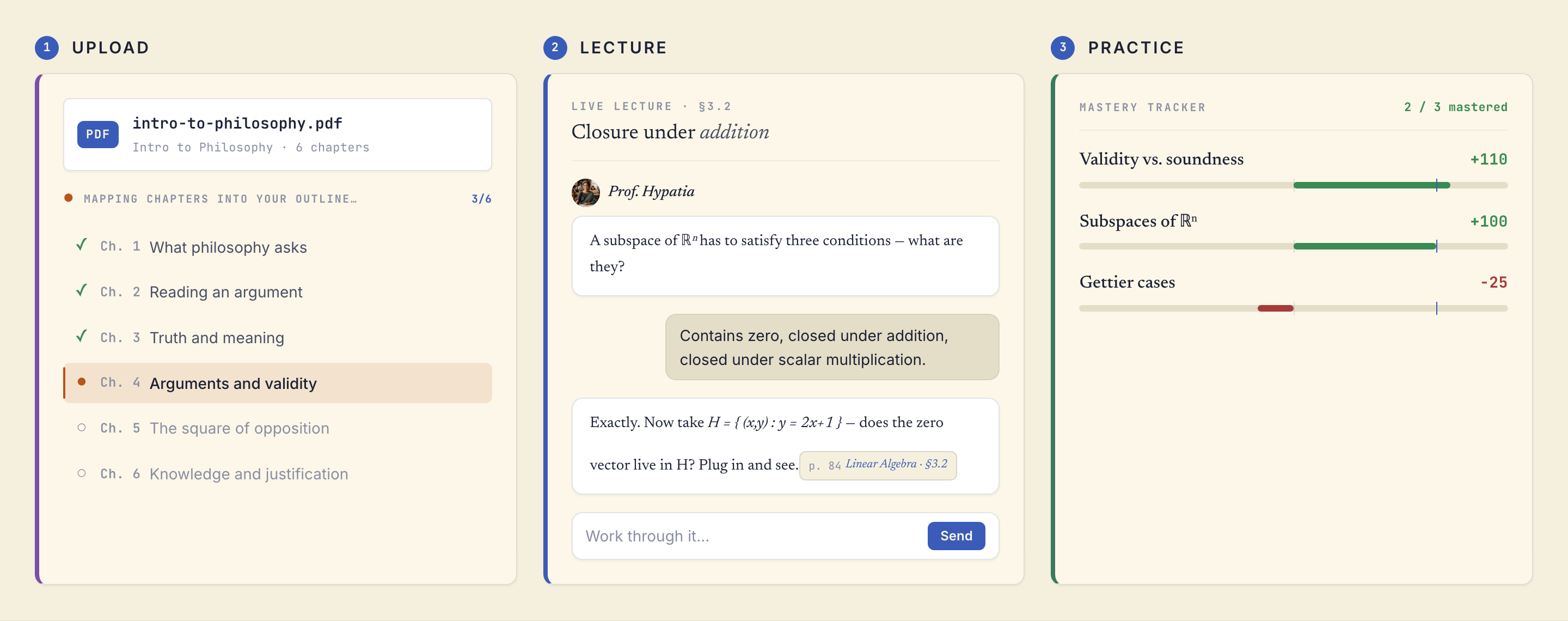 Three panels — your bookshelf, an active study session, and a mastery tracker with per-skill progress.